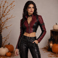 Halloween Pumpkin Burgundy and Black Cropped Leather Jacket