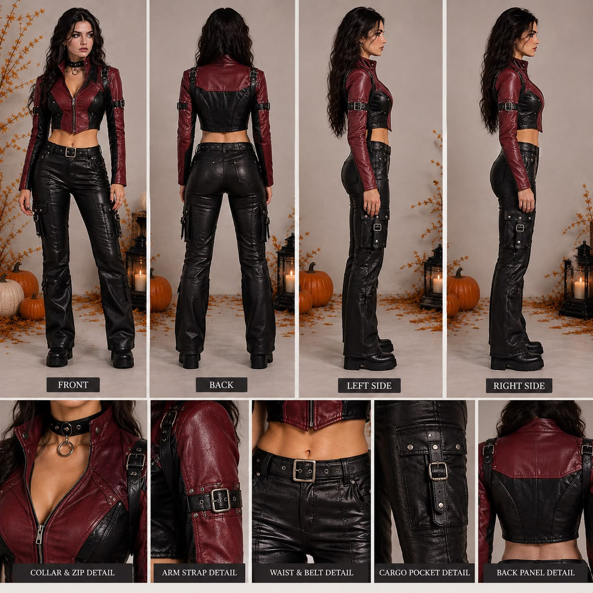 Halloween Pumpkin Burgundy and Black Cropped Leather Jacket