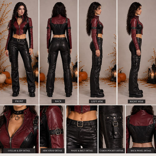 Halloween Pumpkin Burgundy and Black Cropped Leather Jacket